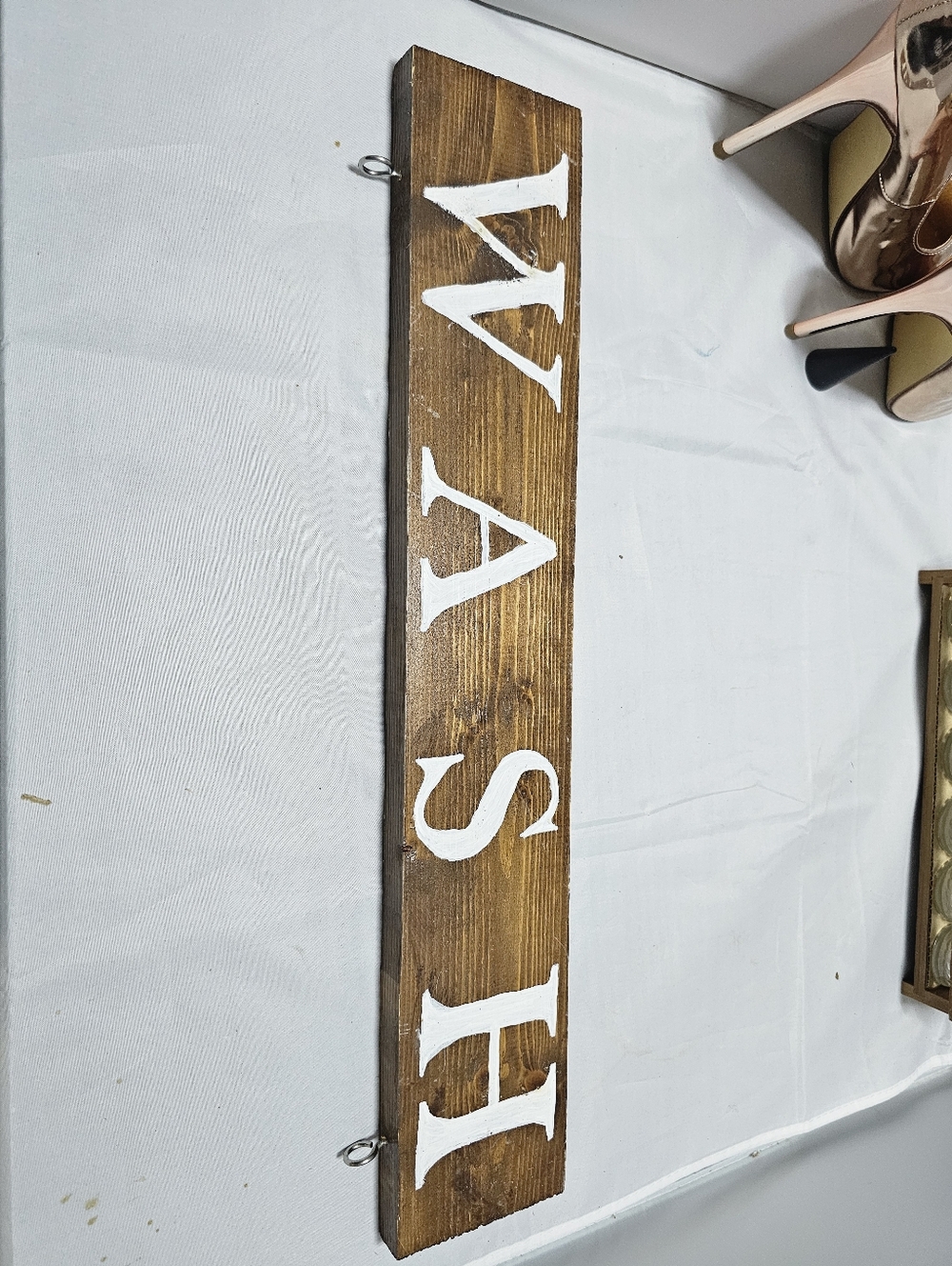 Wooden  WASH Wall Sign - Brown & White